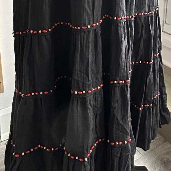 Lulumari Boho Wood & Gem Beaded Black Cotton Tiered and Lined Maxi Skirt - US L - Picture 4 of 8